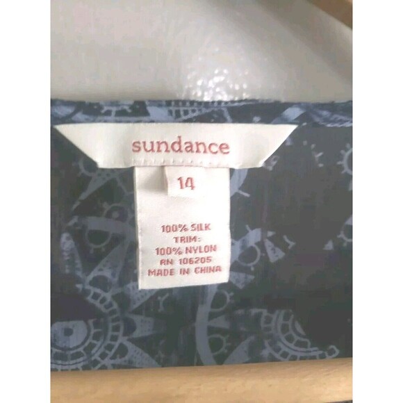 Sundace Silk Blouse  Blue Black Velvet Trim Bell Sleeve Semi-Sheer Women's 14 - Picture 8 of 8